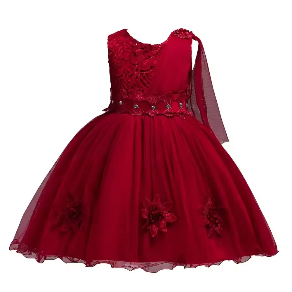 Korean style Summer new design Beauty Lace Children Dress Sleeveless flower Girls Baby Dresses kids party birthday clothing red