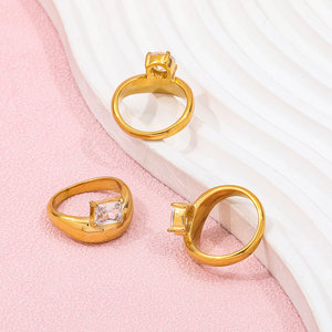 하이 엔드 <span class=keywords><strong>18K</strong></span> 일반 골드 직사각형 라운드 타원형 지르콘 청키 캠버 링 스테인레스 스틸 트렌디 심플 골드 도금 쥬얼리 - Product Image 3