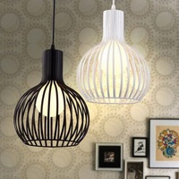 Lustre créatif en forme de cage à oiseaux, suspension unique en fil métallique, lampe décorative pour restaurant, bar, café, en fer forgé noir, blanc, or, LED