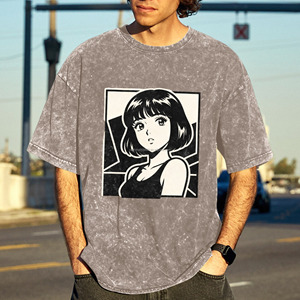 T-shirt vintage délavé pour homme, style rétro années 90, avec motif graphique <span class=keywords><strong>manga</strong></span> 'Short Bob Girl', esthétique japonaise, streetwear décontracté en coton - Product Image 4