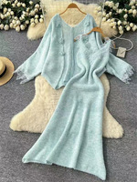 Cardigan en tricot doux et élégant de style coréen avec patchwork de dentelle, fleurs 3D, sans bretelles, manches longues, en polyester et élasthanne