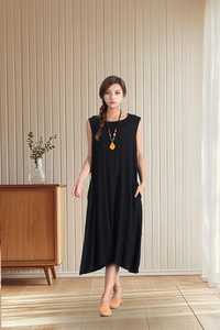 Robe longue d'été en lin et coton pour femme, manches courtes, col en V, taille naturelle, coupe trapèze, tunique ample écologique, caftan, vente en gros B2B - Product Image 5