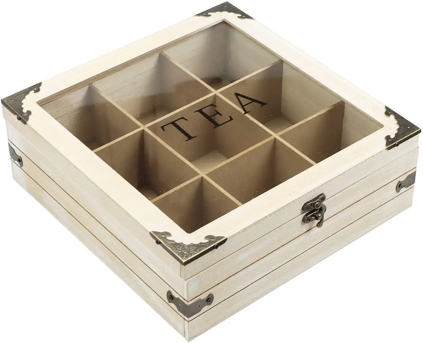 Organizador de bolsas de té de madera decorativas, caja de té de madera, 9 compartimentos con ventana transparente, para té, café, azúcar