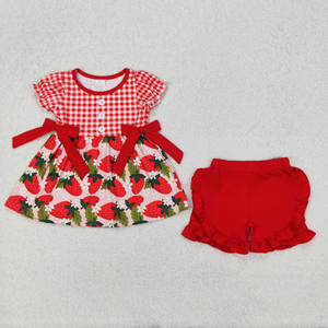 Ensemble de vêtements assortis pour sœurs, motif fraise à carreaux rouges, short et robe barboteuse bulle, vêtements d'été pour filles, vente en gros - Product Image 2