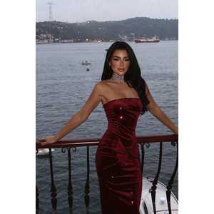 Robe de soirée bustier Lissa bordeaux, coupe trapèze, à paillettes, imprimé léopard, à volants, fente haute, drapée, ornée de perles, longueur ras du sol, pour soirée - Product Image 2