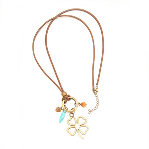 สร้อยคอโคลเวอร์สี่แฉก จี้โลหะผสมทองแดง สายหนังสีน้ำตาล เครื่องประดับแฟชั่นสำหรับผู้หญิง เครื่องรางนำโชค - Product Image 5