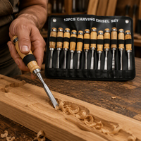 Ensemble de 12 ciseaux à bois avec manche en bois, kit d'outils de sculpture manuelle pour le travail du bois avec sac de transport