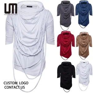Liu Ming Custom Mens Chic Rope Decoration Heap Collar Hooded Half Sleeve Plain Hip Hop T Shirt