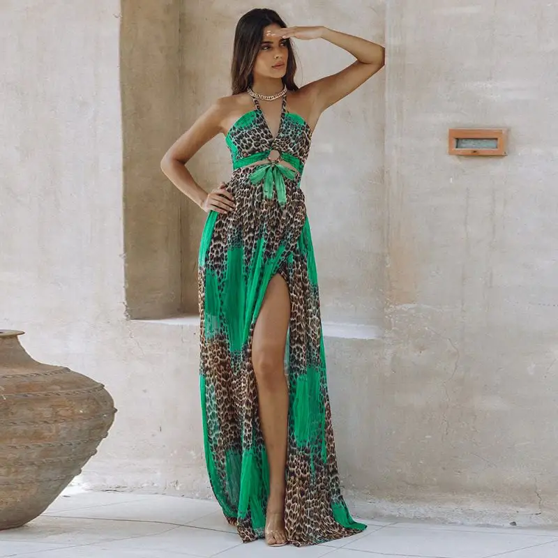 Fashion Summer Halter Slit Silk Backless Bohemian Printing Maxi Long Dress Female Sexy Deep V-neck Beach Dresses