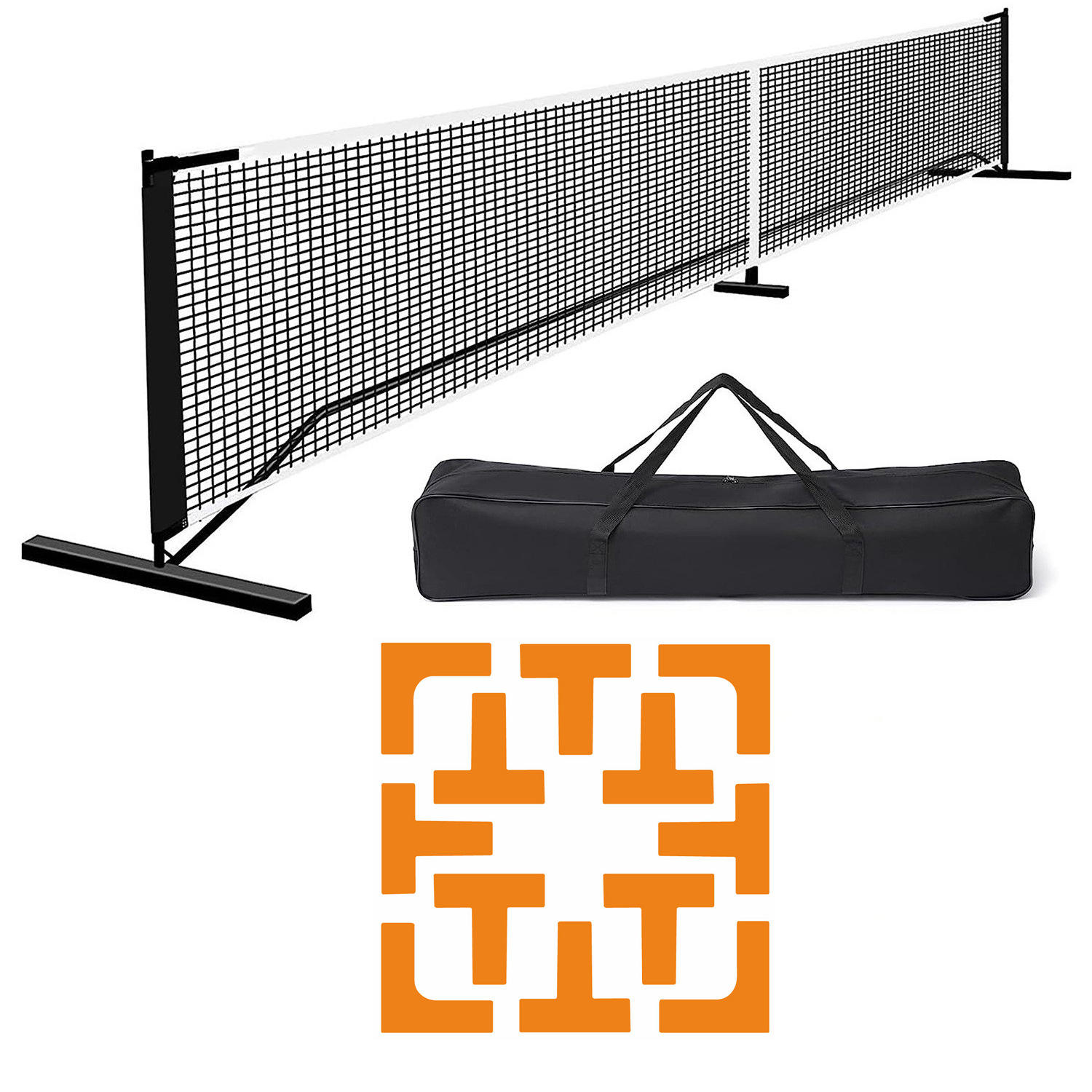 Red negra con líneas de cancha naranjas.