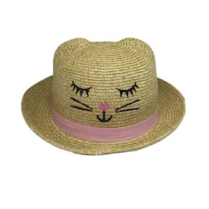 批发时尚户外女孩夏季草帽卡通搞笑耳朵儿童软呢帽儿童草帽