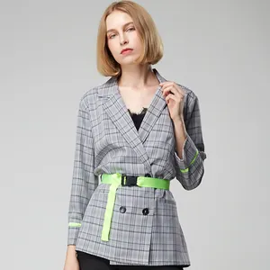 女士春季秋季女装灰色格子办公女士西装外套时尚夹克新款优雅的工作套装