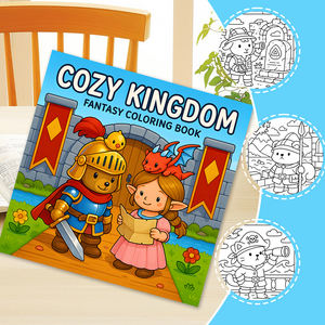 Libro da colorare "regno accogliente" a tema principessa e cavaliere, libro da colorare Fantasy con castello, drago e simpatici personaggi - Product Image 1