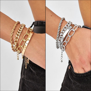 4pcs/<b>set</b> Hot Selling Fashion Punk Exaggerated Geometric <b>Bracelet</b> Metal Wind Stack Wear Women's <b>Bracelet</b> Cuban Chain Jewelry - Product Image 2