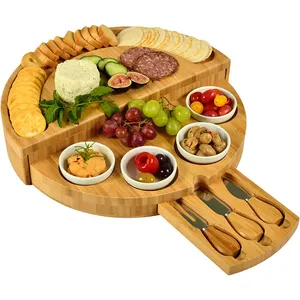 Portable Rotating Open Round Wooden Bamboo Chopping Board With 4 Ceramic Bowl And 3 Knives Cheese Board Set
