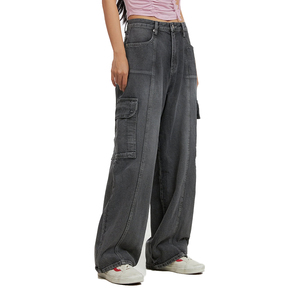 Pantalones vaqueros de cintura baja personalizados <span class=keywords><strong>para</strong></span> <span class=keywords><strong>mujer</strong></span>, talla XXL, pantalones vaqueros de pierna ancha lavados grises con costuras delanteras <span class=keywords><strong>para</strong></span> novio, <span class=keywords><strong>ropa</strong></span> de <span class=keywords><strong>mujer</strong></span> de talla grande, pantalones vaqueros Cargo - Product Image 2
