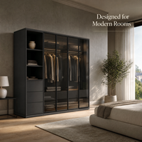 Armoire à portes vitrées en charbon de bois GoldenHome |   Cadre en métal fin |   LED Chaud Intérieur |   Étagères et tringle à suspendre |   Minimaliste moderne