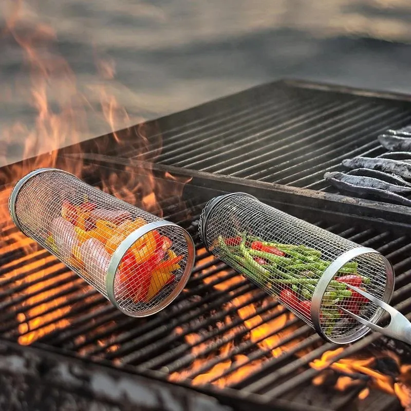 Bbq Grootste Grillmand Ooit Roestvrijstalen Rollende Barbecue Rack Groentemand Voor Camping Picknicks Party Grill Tool