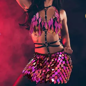 King Mcgreen star Sexy Bikini Carnival Party Beach Fashion Club Body Chain Gold Bra Dress Set for Women