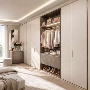 Dressing intégré moderne sur mesure avec zones de suspension, rangements à tiroirs et meuble-lavabo intégré, fabriqué sur commande - Product Image 5