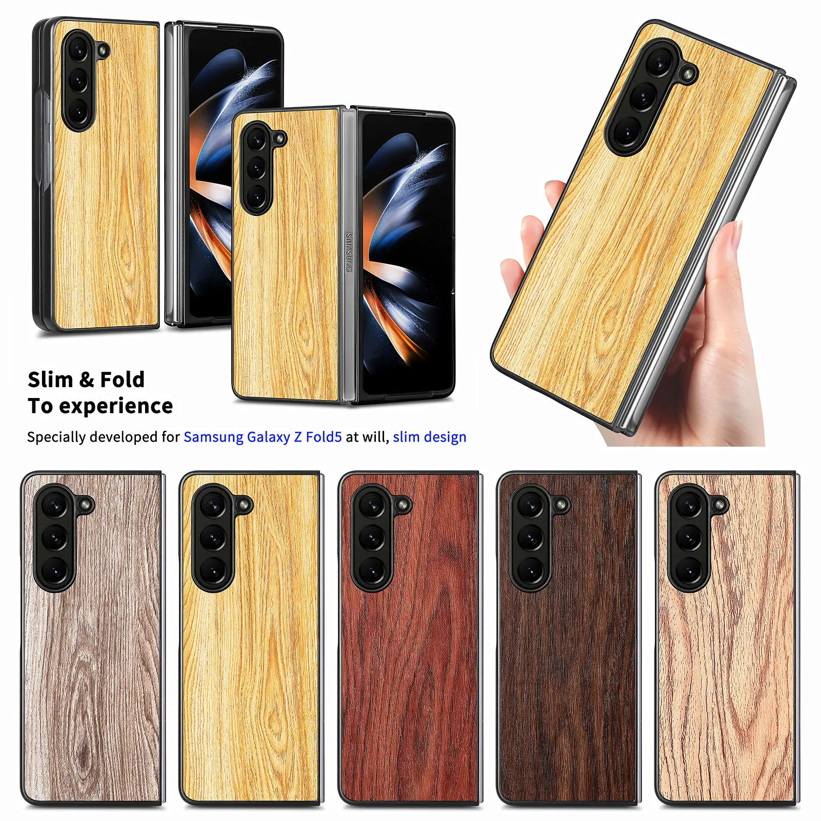 Holzmaserung Leder Furnier Kleben PC Hard Phone Case für Samsung Galaxy Z Fold 5