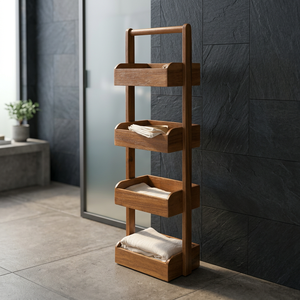 Étagère de rangement pour salle de bain en teck massif de qualité supérieure, 4 niveaux, sur pied, pour serviettes - Product Image 2