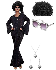Conjunto de Accesorios Retro Años 70, Peluca <span class=keywords><strong>Afro</strong></span>, Gafas de Sol con Pedrería, Joyería de Bola <span class=keywords><strong>Disco</strong></span> para Fiestas Temáticas de Halloween y Disfraces - Product Image 1