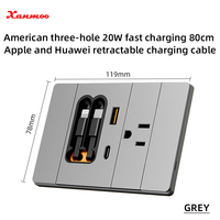 Cargador Rápido GaN de 20W con Cable Retráctil de 15A, Estándar Americano, Tres Orificios USB Tipo-C, Enchufe de Pared