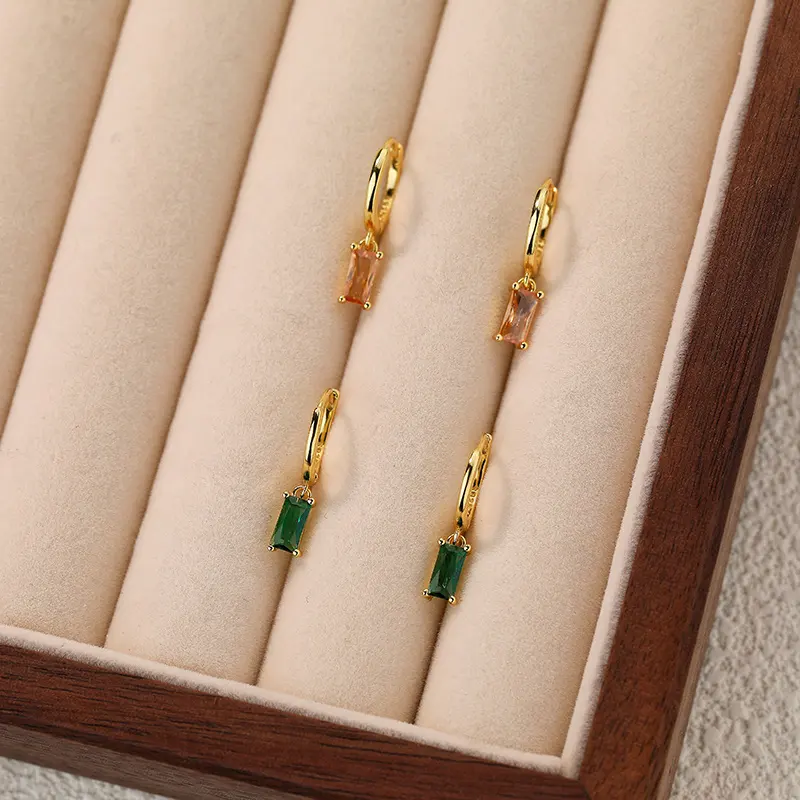 Best Selling Silver 925 Multi Color Dangle Drop Earrings Gold Plated Emerald Cut Baguette Zircon Hoop Earrings