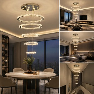 Lámpara Colgante Moderna de Lujo DIY de 5 Anillos para Villa, Iluminación LED de Cristal para Escaleras con Control de Interruptor - Product Image 4