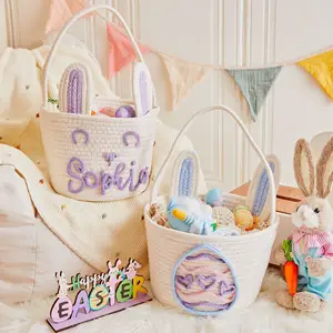 White Toy Storage Basket With Handle Baby Basket Cute Cartoon Design Rope Basket Toy Storage Box