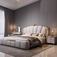Lit Moderne de Luxe Personnalisable, Couleurs au Choix, Double, Queen, King, Capitonnage en Cuir Véritable, Revêtement en Bois de Pin Massif et Mousse