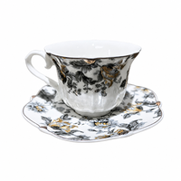 Ensemble tasse et soucoupe à café en céramique, style vintage européen, gris et or, motif floral, bord festonné, finition dorée, pour le thé de l'après-midi, 250 ml, réutilisable, pour la maison
