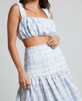 Deux pièces ensemble femmes vêtements été 2023 Logo personnalisé marque qualité bleu blanc Plaid vacances plage robes femmes
