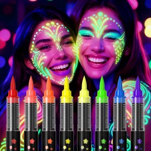 Stylo de <span class=keywords><strong>peinture</strong></span> corporelle lumineux 8 couleurs, stylo de maquillage pour le visage au néon UV, stylo de tatouage lavable pour la peau, pour le maquillage de fête - Product Image 3