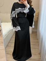 Robe longue élégante Loriya 2026 pour femmes musulmanes, avec dentelle et manches cape, idéale pour l'Aïd et le Ramadan