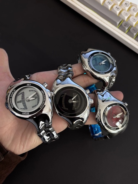New Millennium Y2k Shaped Watch with Twisted Case, Digital Display, Waterproof Stainless Strap
