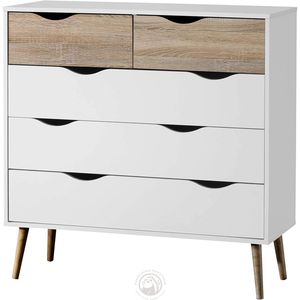 <span class=keywords><strong>Commode</strong></span> à <span class=keywords><strong>5</strong></span> <span class=keywords><strong>tiroirs</strong></span> blanche et effet chêne, <span class=keywords><strong>commode</strong></span> de chambre à coucher de style <span class=keywords><strong>scandinave</strong></span>, armoire de rangement de style nordique avec pieds effilés - Product Image 1