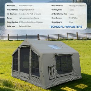 Tente de camping gonflable de luxe portable pour 3 à 8 personnes, résistante aux UV, 4 saisons, avec cheminée et lucarne, en tissu de coton - Product Image 4