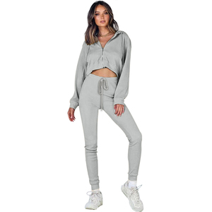 Ensembles 2 pièces personnalisés pour femmes, printemps, décontractés, couleur unie, haut court zippé, pantalon de jogging, capuche, respirant, tricot en polyester, imprimé - Product Image 3