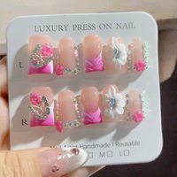 Qianya Wholesale Faux Ongles à Presser Forme Canard, Motif Papillon et Strass, Faits Main, Style Pure Desire, 10 Pièces