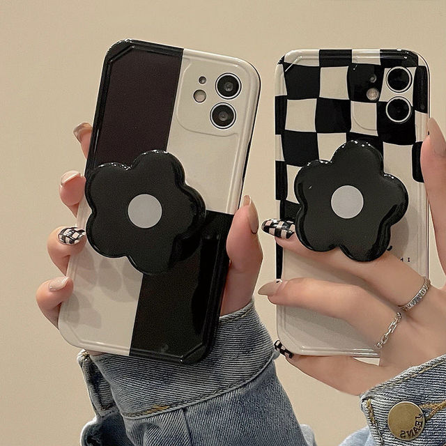 Geometry Plaid Soft Cell Phone Case With Flower Holder for iPhone 11 12 13 Pro Max X XR XS Cute Protection Back Cover