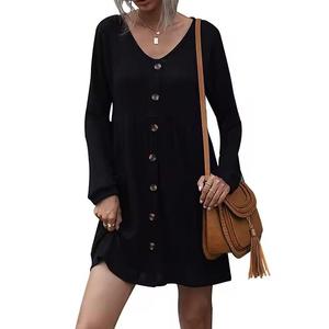 Maßgeschneidertes V-Ausschnitt-Knopfkleid, elegantes, lässiges Midi-Partykleid für den Frühling, langärmliger Herbst-Damenpullover mit Taschen - Product Image 1