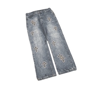 OEM定制供应商男士复古水洗牛仔裤直筒水洗牛仔裤刺绣十字街头风服饰 - Product Image 1
