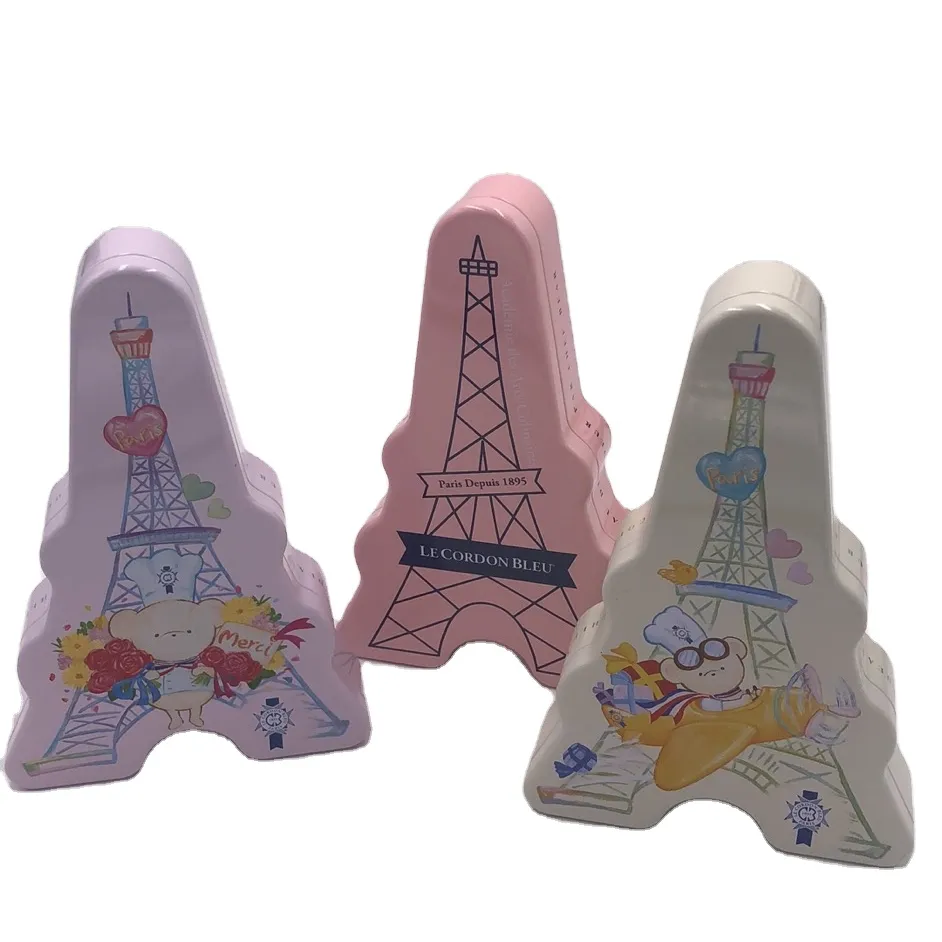 Caja de regalo de lata con forma de torre de París, embalaje de galletas de metal, nuevo diseño, a la venta