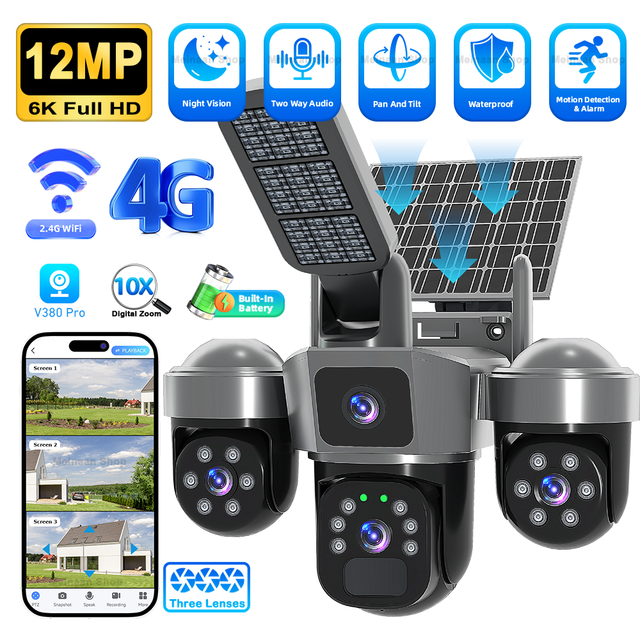 OEM V380 Pro Outdoor Solar Powered Wireless PTZ Camera 3 Lenses CCTV Security WiFi 4G Sim Card Solar Street Light With Camera