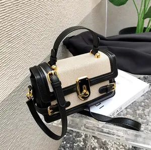 High quality lock designer contrast leather luxury vintage knitted fabric handbag with long shoulder strap camera crossbody bag