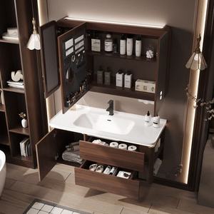 Mueble de baño estilo medieval color nogal con lavabo integrado de cerámica. - Product Image 4
