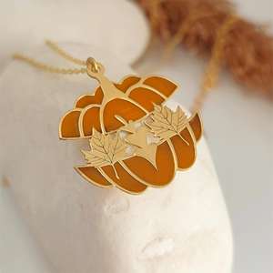 18k <span class=keywords><strong>oro</strong></span> placcato in acciaio inox caduta olio zucca cabina ciondolo collana foglia <span class=keywords><strong>d</strong></span>'acero foglia Charm collana per Halloween - Product Image 1