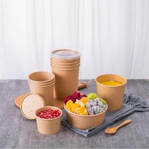 Custom printed disposable takeaway hot soup bowls brown paper soup cup with plastic Lid